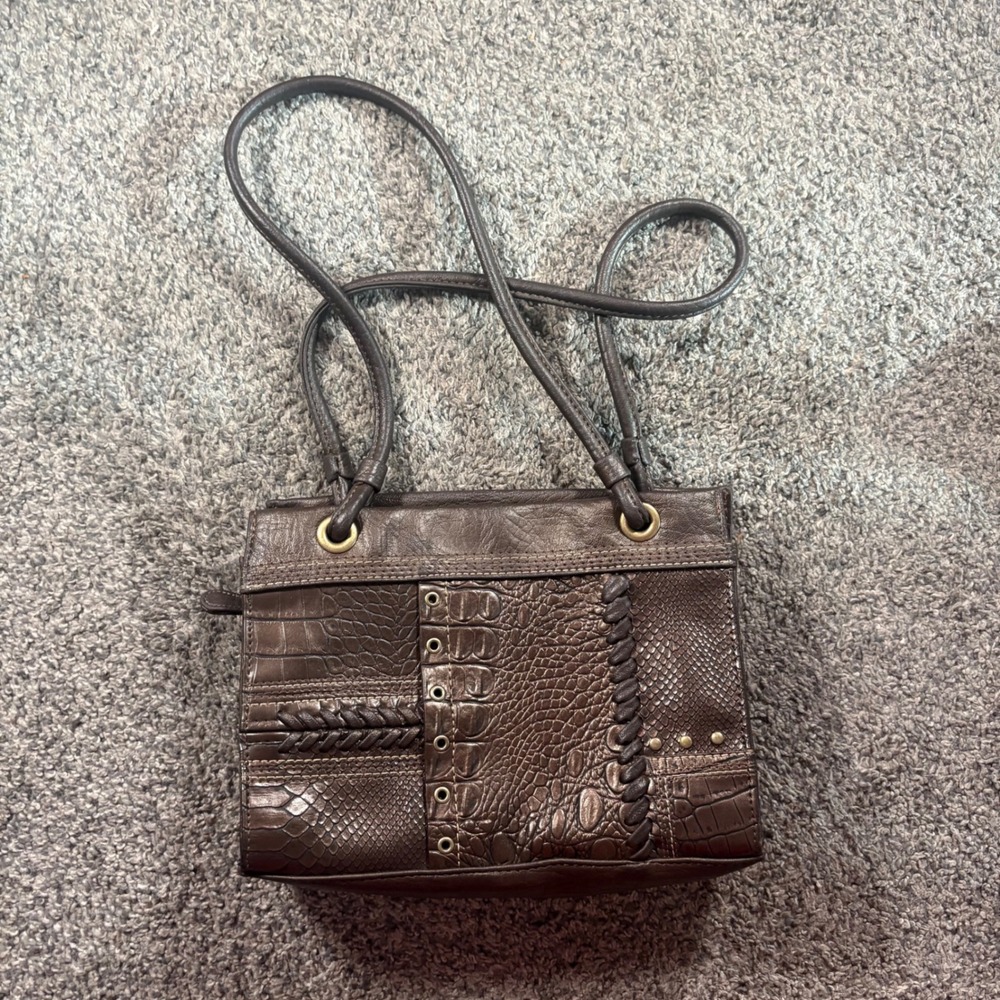 SAGHARBOR Brown Patchwork Faux Leather Tote Bag Braided Detail‎